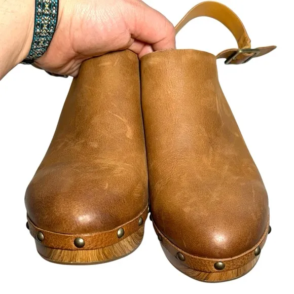 NEW Kork-Ease Brown Burnished Leather Platform Slingback Block Heel Clogs sz 11