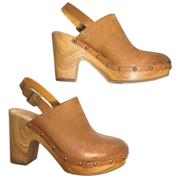 NEW Kork-Ease Brown Burnished Leather Platform Slingback Block Heel Clogs sz 11