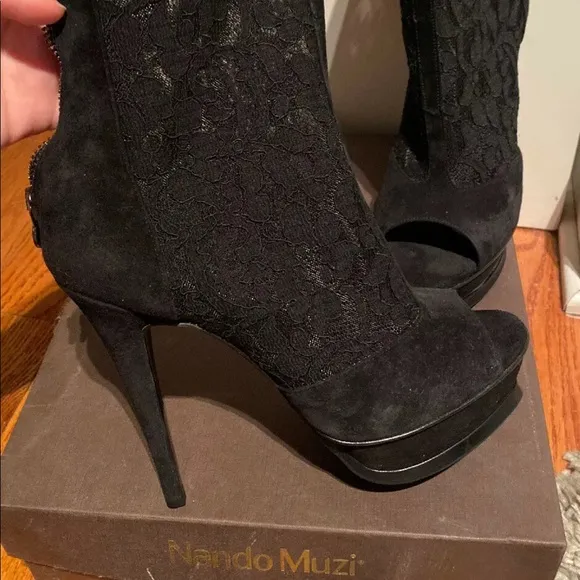 New Nando Muzi Suede Lace Heels Open Toe Boots, 9