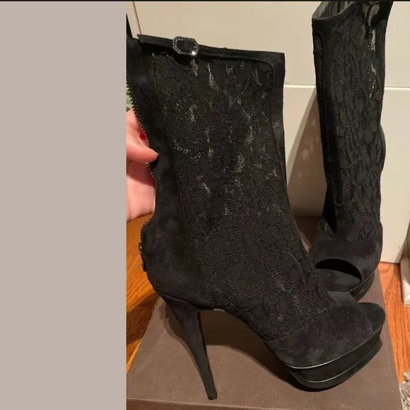 New Nando Muzi Suede Lace Heels Open Toe Boots, 9