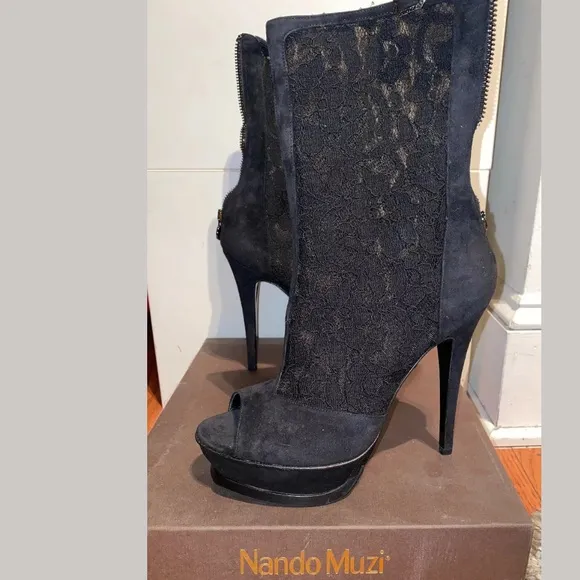 New Nando Muzi Suede Lace Heels Open Toe Boots, 9