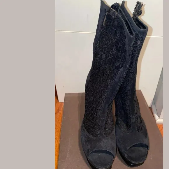 New Nando Muzi Suede Lace Heels Open Toe Boots, 9