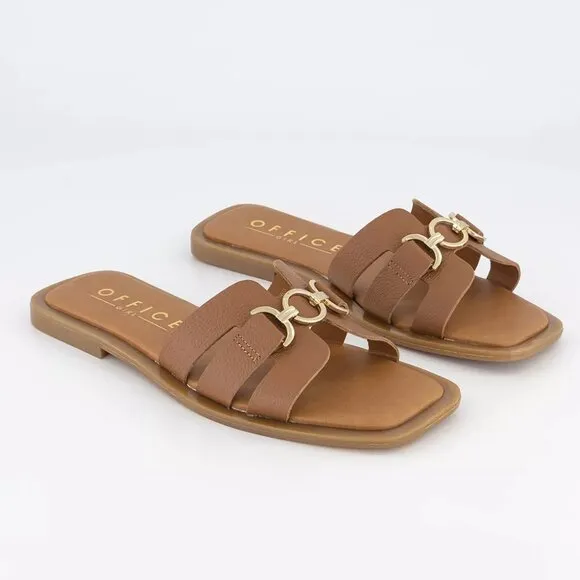 new OFFICE Salvador Gold Trim Slides Tan Leather Upper and LINING! 2T7