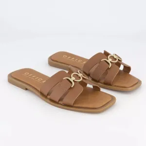 new OFFICE Salvador Gold Trim Slides Tan Leather Upper and LINING! 2T7
