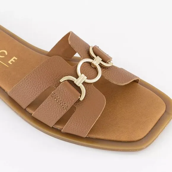 new OFFICE Salvador Gold Trim Slides Tan Leather Upper and LINING! 2T7