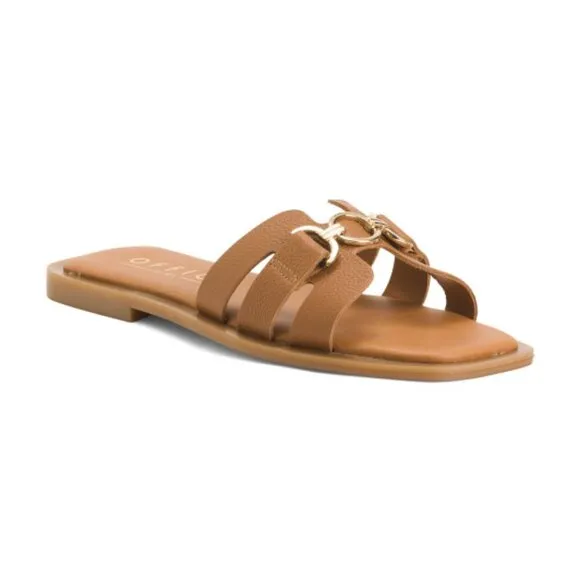 new OFFICE Salvador Gold Trim Slides Tan Leather Upper and LINING! 2T7