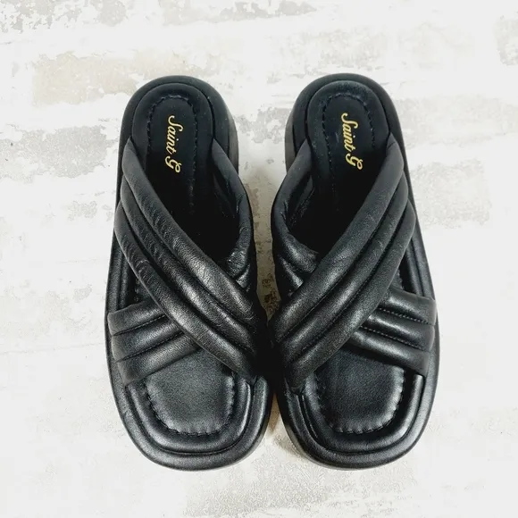 New Saint G Rhianna Black Cross-over Strap Slip On Slides  K285