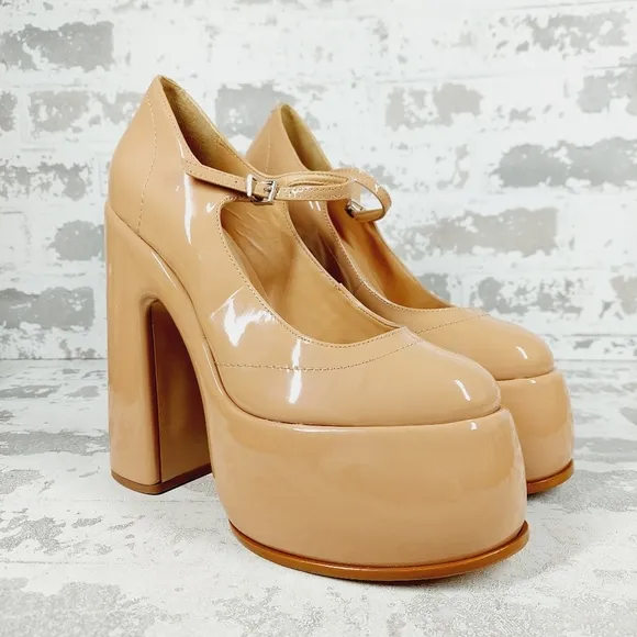 New Schutz Zayne New Pressego Tan Patent Leather Platform Mary Jane Pumps D1048