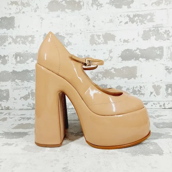 New Schutz Zayne New Pressego Tan Patent Leather Platform Mary Jane Pumps D1048