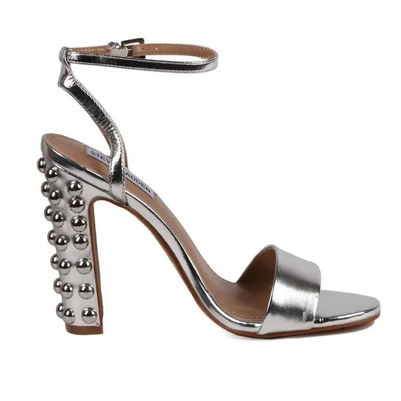 NEW STEVE MADDED ARIANNA SILVER STUDDED BLOCK HEEL SANDAL/HEELS