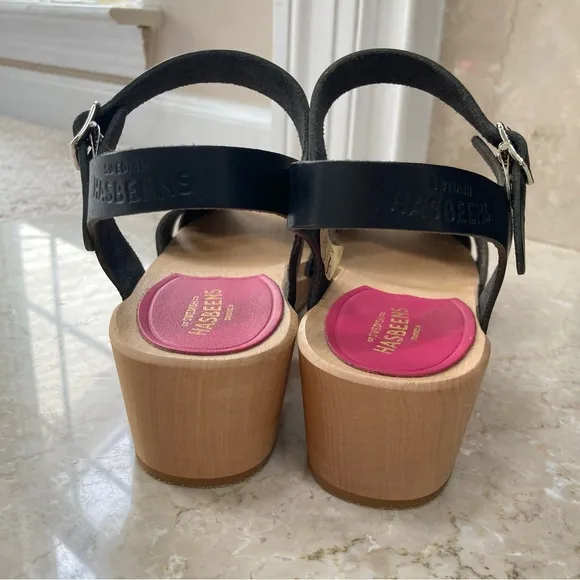 NEW Swedish Hasbeens Mirja Debutant Clog Leather Sandal Heels in Black, Size 36