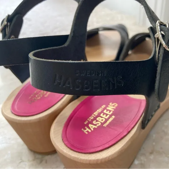NEW Swedish Hasbeens Mirja Debutant Clog Leather Sandal Heels in Black, Size 36