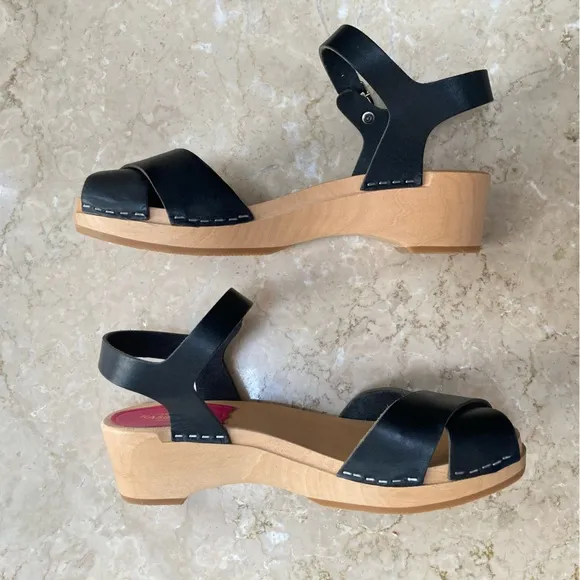 NEW Swedish Hasbeens Mirja Debutant Clog Leather Sandal Heels in Black, Size 36