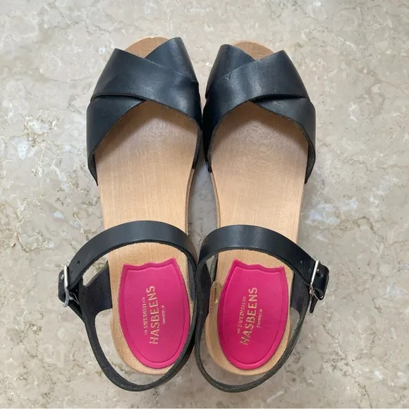 NEW Swedish Hasbeens Mirja Debutant Clog Leather Sandal Heels in Black, Size 36