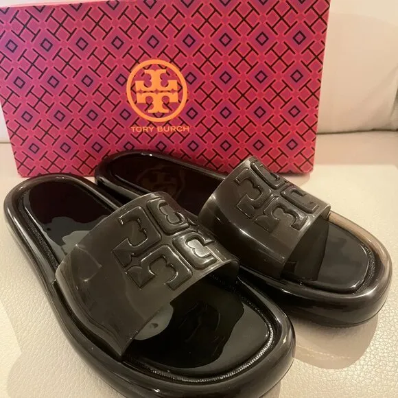 NEW TORY BURCH BUBBLE JELLY SLIDES SANDALS SANDAL BLACK SIZE 9