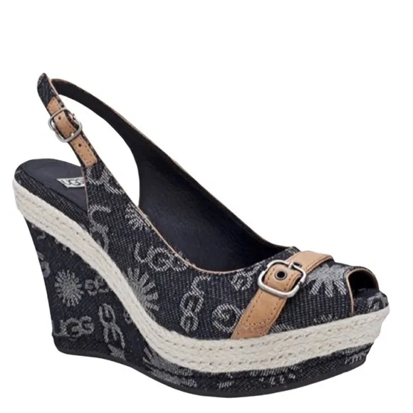 NEW Ugg Noella denim and leather sling back peep toe wedge heels size 9