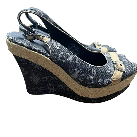NEW Ugg Noella denim and leather sling back peep toe wedge heels size 9