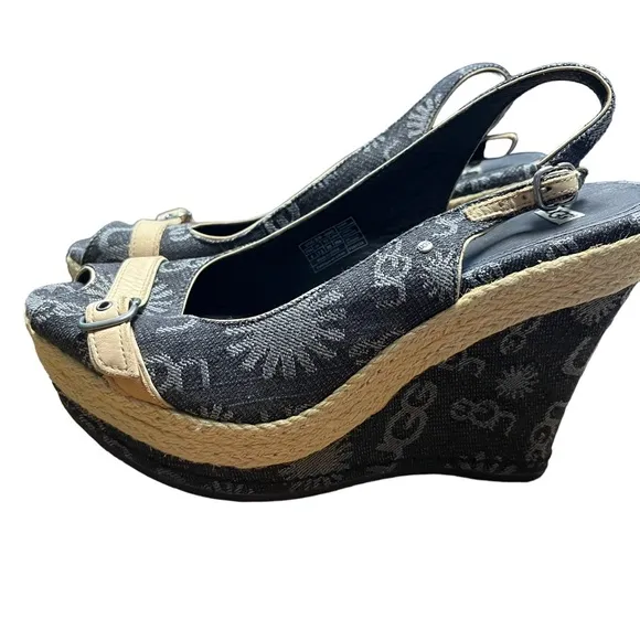 NEW Ugg Noella denim and leather sling back peep toe wedge heels size 9