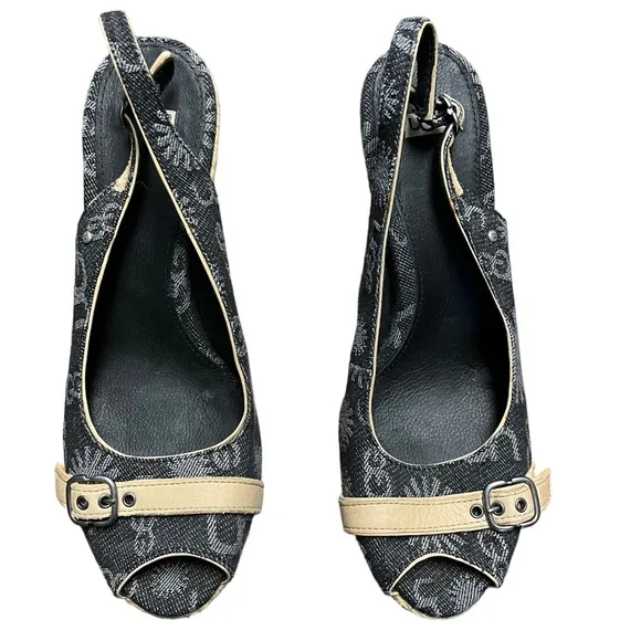 NEW Ugg Noella denim and leather sling back peep toe wedge heels size 9
