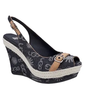 NEW Ugg Noella denim and leather sling back peep toe wedge heels size 9