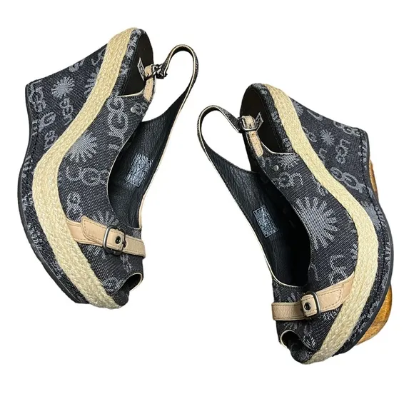NEW Ugg Noella denim and leather sling back peep toe wedge heels size 9
