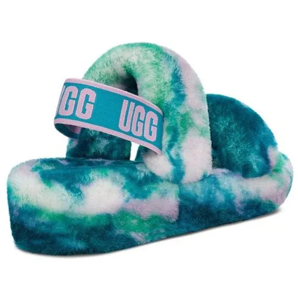 NEW UGG Size 7 Womens Oh Yeah Marble Fur Slides - Aquatic Blue