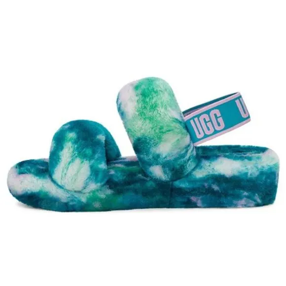 NEW UGG Size 7 Womens Oh Yeah Marble Fur Slides - Aquatic Blue
