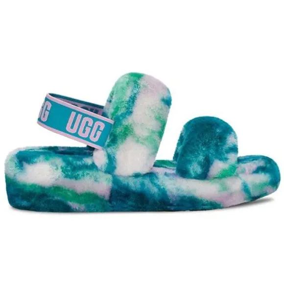 NEW UGG Size 7 Womens Oh Yeah Marble Fur Slides - Aquatic Blue
