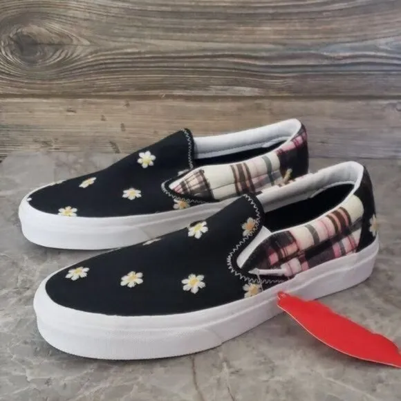 New Vana Classic Slip On Plaid Floral Patchwork Boho Black White Sneakers