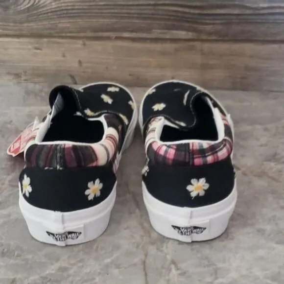 New Vana Classic Slip On Plaid Floral Patchwork Boho Black White Sneakers