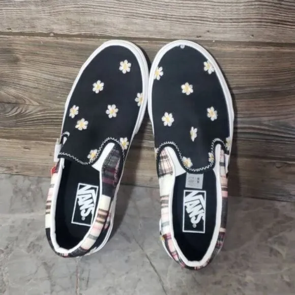 New Vana Classic Slip On Plaid Floral Patchwork Boho Black White Sneakers