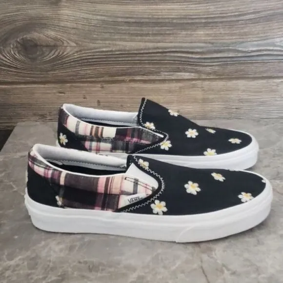 New Vana Classic Slip On Plaid Floral Patchwork Boho Black White Sneakers