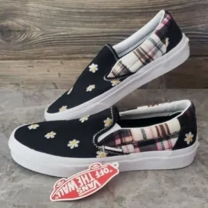 New Vans Classic Slip On Plaid Floral Patchwork Boho Black White Sneakers