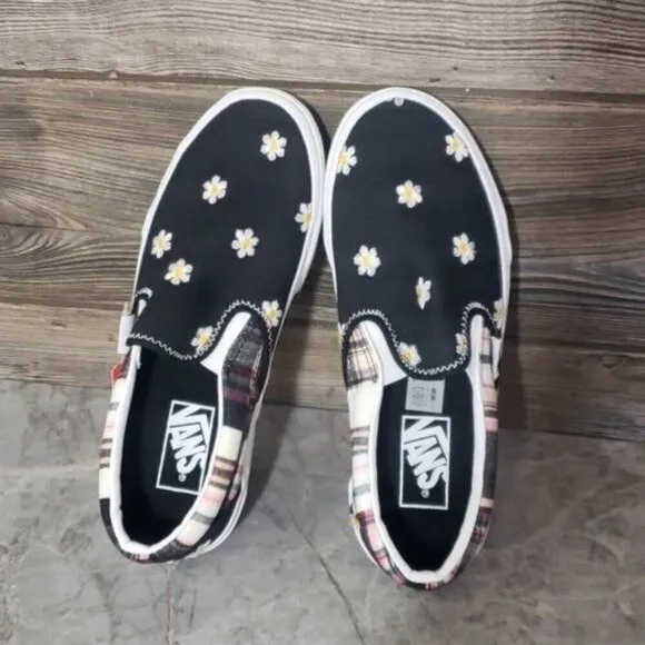 New Vans Classic Slip On Plaid Floral Patchwork Boho Black White Sneakers
