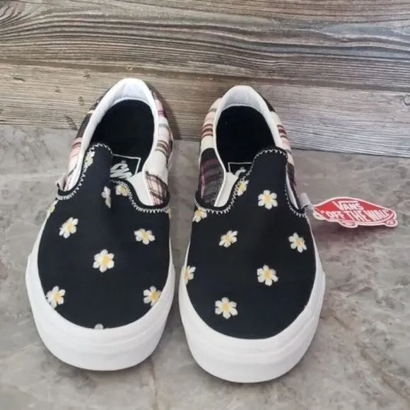 New Vans Classic Slip On Plaid Floral Patchwork Boho Black White Sneakers