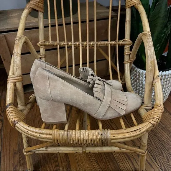 New Steve Madden Beige Suede Fringe Foldover Tassel Oxford Loafer Block Heels