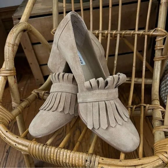 New Steve Madden Beige Suede Fringe Foldover Tassel Oxford Loafer Block Heels