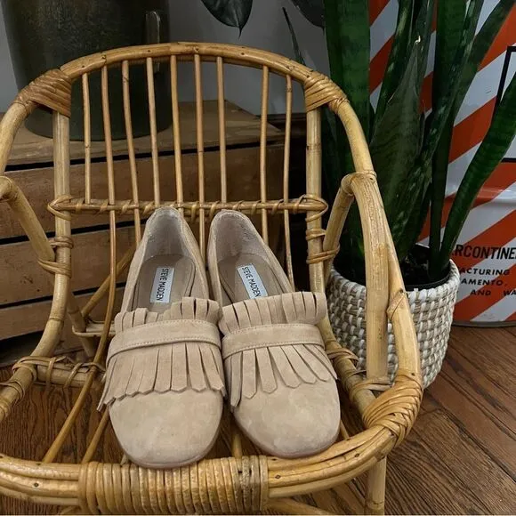 New Steve Madden Beige Suede Fringe Foldover Tassel Oxford Loafer Block Heels