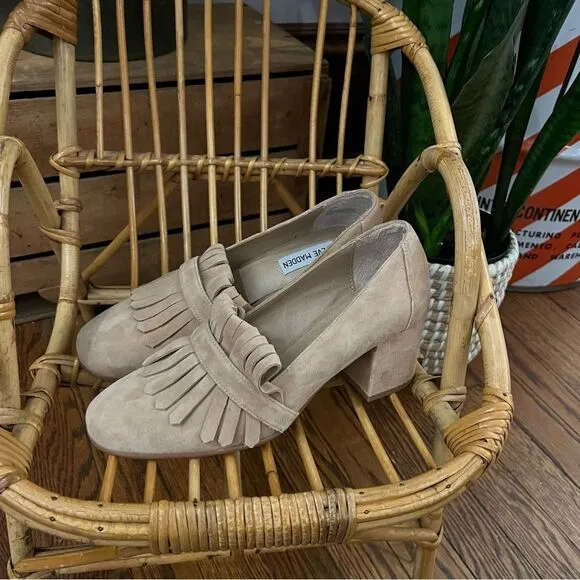 New Steve Madden Beige Suede Fringe Foldover Tassel Oxford Loafer Block Heels