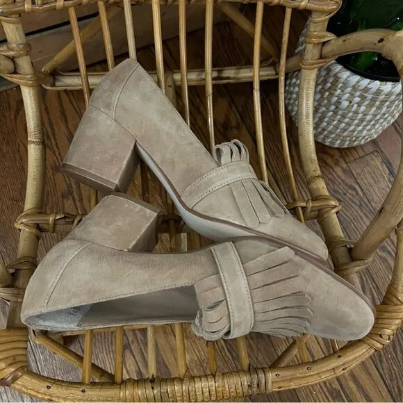 New Steve Madden Beige Suede Fringe Foldover Tassel Oxford Loafer Block Heels