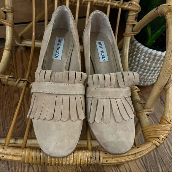 New Steve Madden Beige Suede Fringe Foldover Tassel Oxford Loafer Block Heels