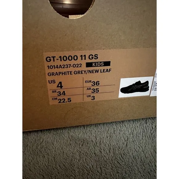 NIB Asics GT-1000 11 GS Kids Running Shoes Size 4 Grey/New Leaf Sports Youth