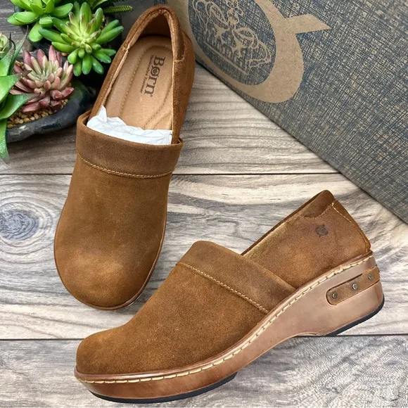 NIB Born Bailie Closed Back Clogs Brown Glazed Ginger Suede 8M 39