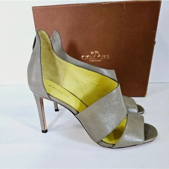NIB COACH Manhattan Soft Vintage Leather Pump Open Toe Heels In Slate Grey 7.5