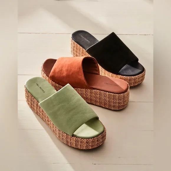 NIB Free People Harbor Raffia Platform Slides Size Womens 10 Tan