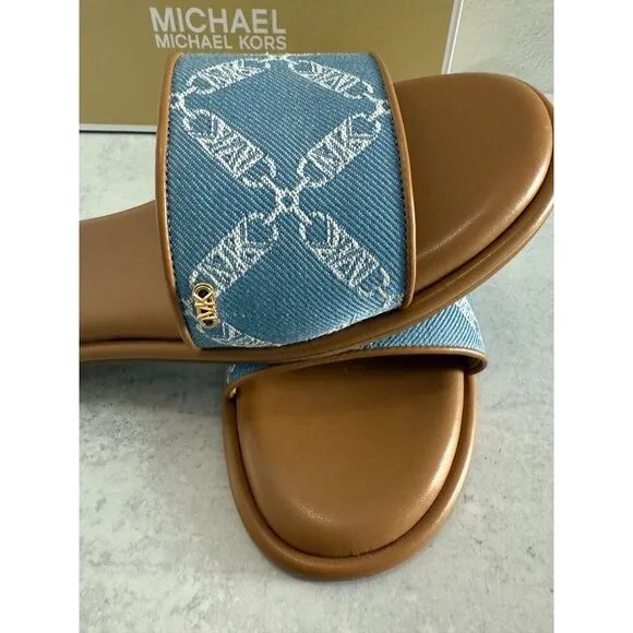 NIB Michael Kors Saylor Slide Sandals Blu Haze Mlt Slip-On Open Toe 9.5M