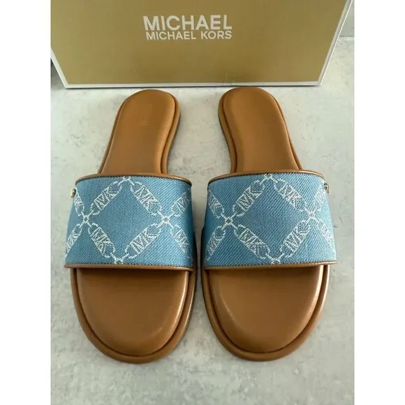 NIB Michael Kors Saylor Slide Sandals Blu Haze Mlt Slip-On Open Toe 9.5M