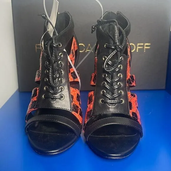 Nib Rebecca Minkoff Black Red Snake Print Lace High Heels Booties 36 / 6