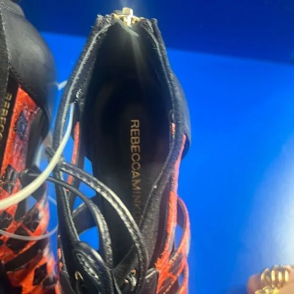 Nib Rebecca Minkoff Black Red Snake Print Lace High Heels Booties 36 / 6