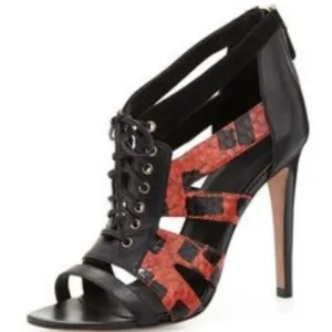 Nib Rebecca Minkoff Black Red Snake Print Lace High Heels Booties 36 / 6